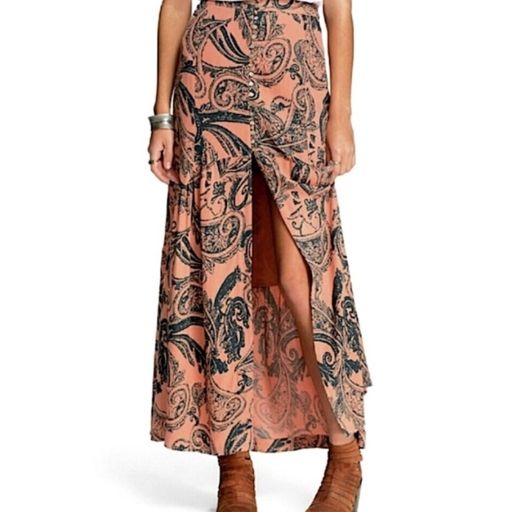 Free People orange - pink with grey patterned maxi skirt Renaissance Juliet